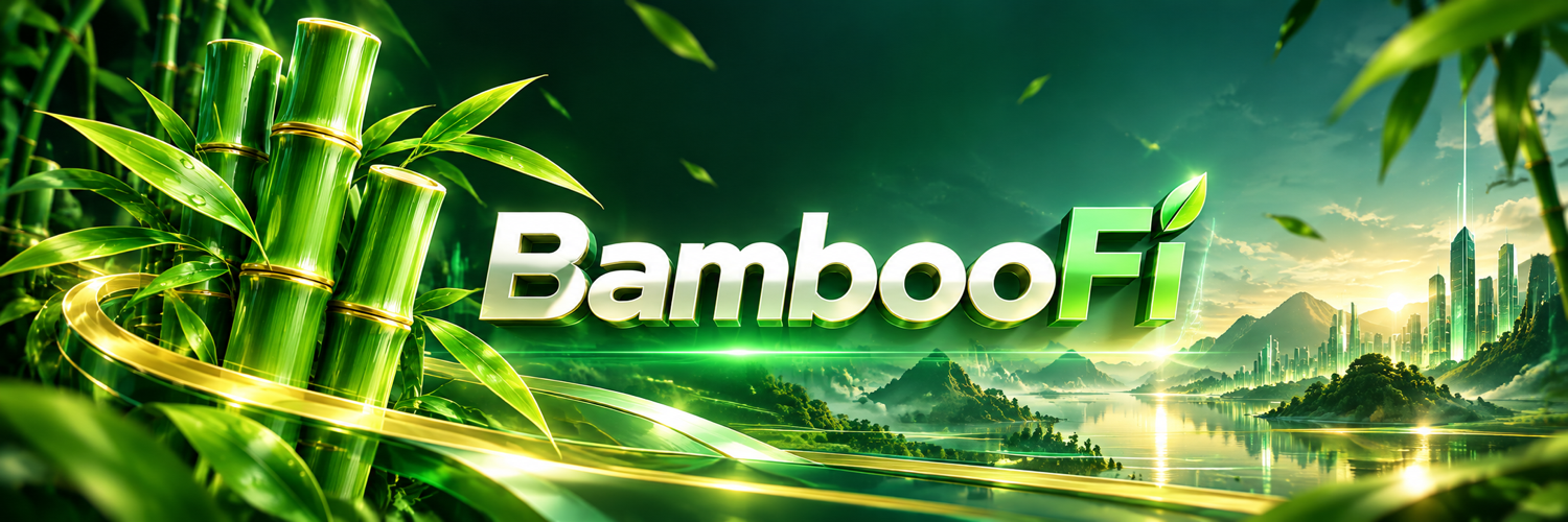 BambooFi bamboo structures, flowing finance lines, and a futuristic green city